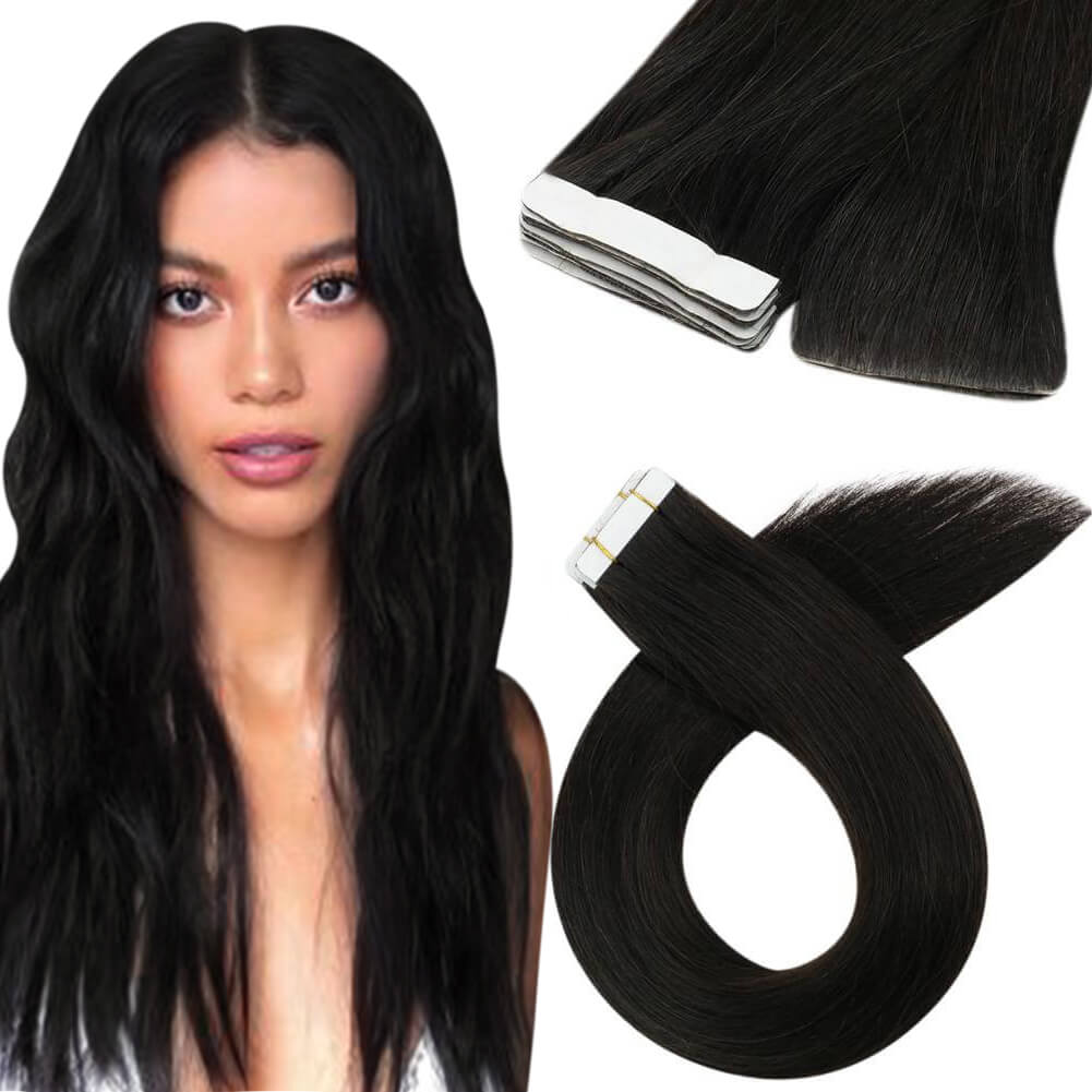 Invisible Seamless Virgin Human Injection Tape in Hair Extensions Jet Black