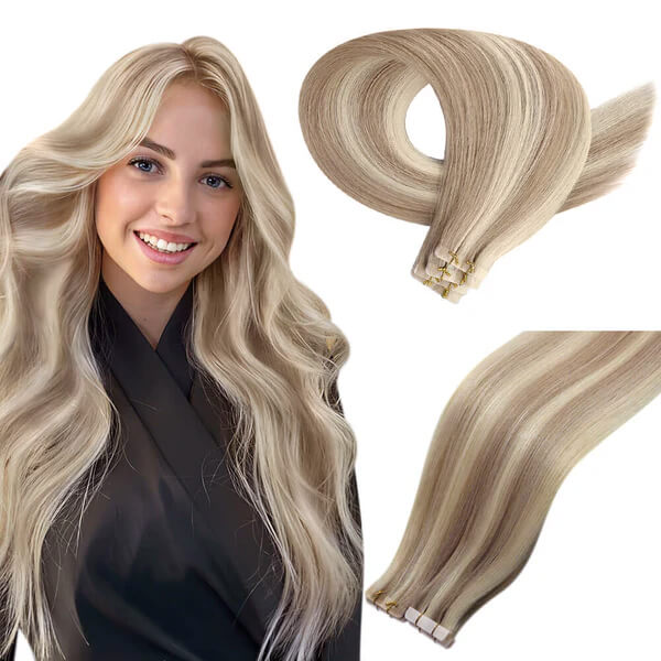 Load image into Gallery viewer, virgin human hair Highlight-Blonde-Hair-Weft-invisible_tape_in_extensions-tape_worm_in_humans-human_hair_tape_in_extensions
