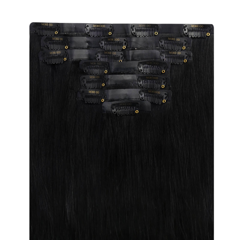 Load image into Gallery viewer, Moresoo Remy PU Seamless Clip Ins Jet Black Silky Brazilian Human Hair Extensions (#1)
