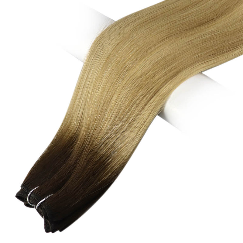 Load image into Gallery viewer, 18inch straight brown weft hair extension-brown hair with blonde balayage-subtle balayage dark brown hair-caramel balayage on brown hair
