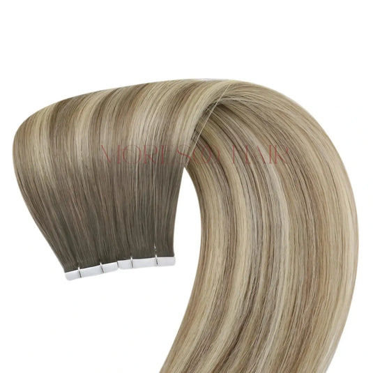 [New]Moresoo Virgin Tape In Hair Extensions 100% Brazilian Human Balayage Brown Hair (