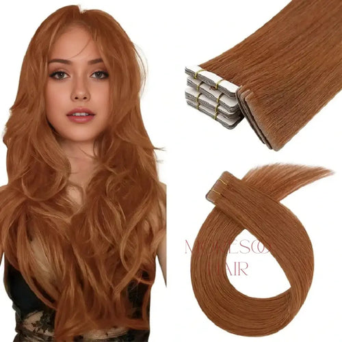 Moresoo copper red balayage tape-ins, seamless ombre hair extensions, high-quality red copper highlights, invisible tape-in extensions, luxurious copper red mix, long-lasting adhesive, premium balayage hair, salon-quality copper tones, natural red copper blend, vibrant red copper hair