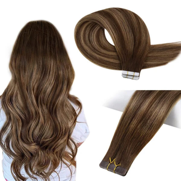 Load image into Gallery viewer, brown hair human tape in extension-18 Inch hair-wef-Balayage-Brown
