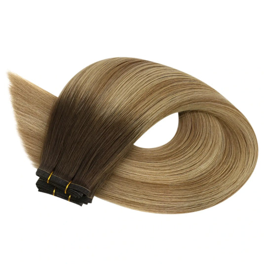 Moresoo Virgin Human Hair Silk Seam Volumizing Weft  Hair Extensions Balayage Brown (