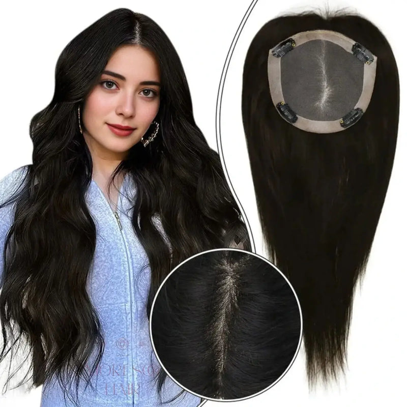 Load image into Gallery viewer, Moresoo 5&quot;*5&quot; Base Clip In Mono Topper Hairpieces Remy Human Hair Natural Black (#1B)
