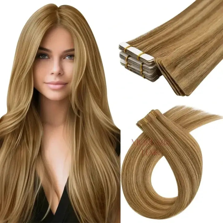 Load image into Gallery viewer, Moresoo honey blonde and brown balayage tape-ins, seamless ombre hair extensions, high-quality honey blonde highlights, invisible tape-ins, luxurious brown to honey blonde mix, natural balayage transitions, long-lasting adhesive, premium ombre extensions, salon-quality brown blonde blend
