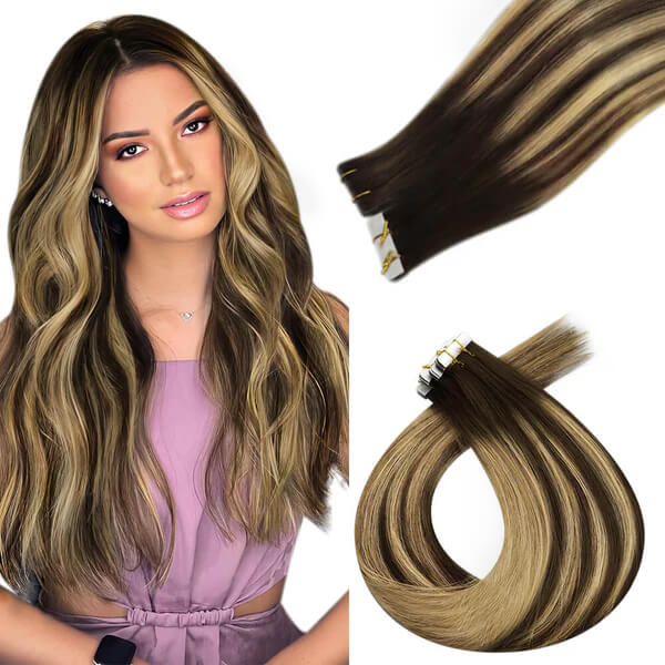 Load image into Gallery viewer, virgin injected tape ins human hair-caramel balayage on brown hair-brown hair balayage vs highlights-blonde balayage on dark brown hair-brown hair blonde balayage-brown balayage hair
