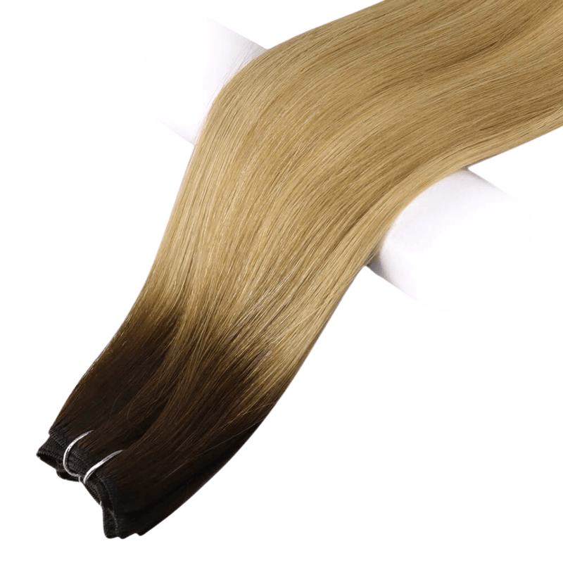 Load image into Gallery viewer, 18inch straight brown weft hair extension-brown hair with blonde balayage-subtle balayage dark brown hair-caramel balayage on brown hair
