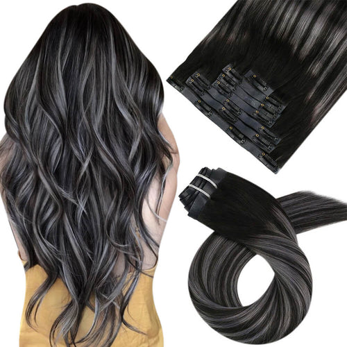 Moresoo seamless clip in extensions Remy human hair silver straight 7pcs 105G