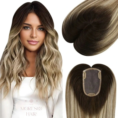 Moresoo 3*5inch Hair Topper Remy Human Hair Balayage Brown With Blonde (#3/8/22)