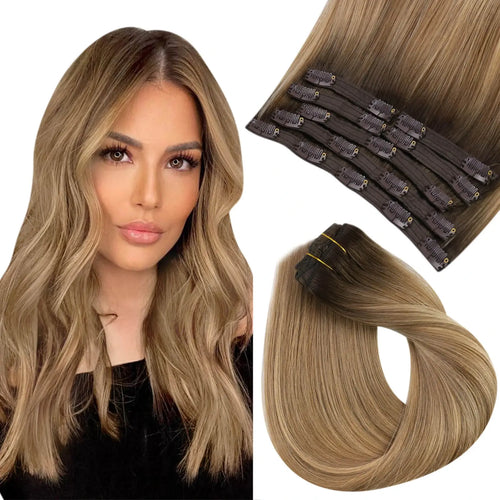 Clip in Hair Extensions Virgin Human Hair Balayage Color #2/4/27