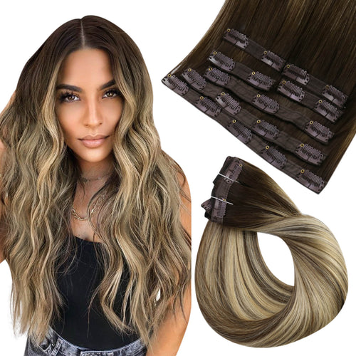 Clip in Virgin Human Hair Extensions High Quality Balayage Brown #4/8/4/22/800