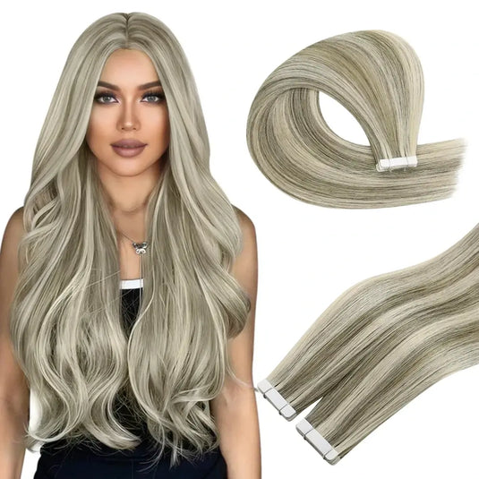 [New]Moresoo Virgin Tape In Hair Extensions 100% Brazilian Human Highlight Blonde Hair (#1CC/80/60)