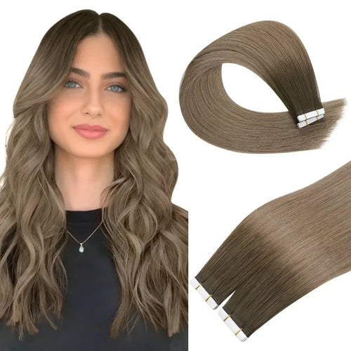 [New]Moresoo Virgin Tape In Hair Extensions 100% Brazilian Human Balayage Brown Hair (#R2/DXB/18)