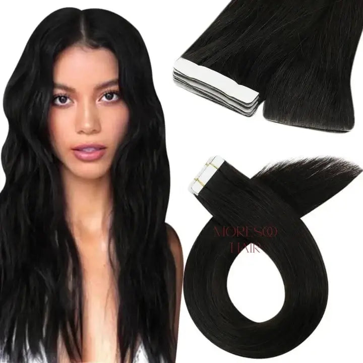 Load image into Gallery viewer, jet black virgin hair tape in extensions, invisible jet black tape in hair, high-quality jet black tape in extensions, salon-grade jet black hair tape in, smooth jet black extensions, 14-inch jet black tape in hair, premium jet black tape in hair extensions, long-lasting jet black extensions
