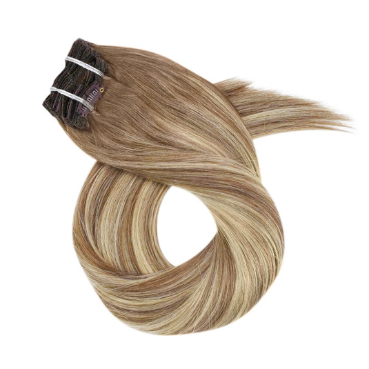 Moresoo Remy Natural Clip In Human Hair Invisible Extensions Balayage blonde with brown Color(