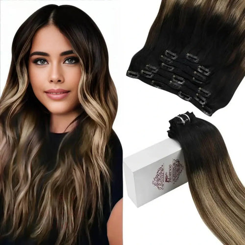 Moresoo Hair Extensions Double Weft Clip In Remy Human Hair Balayage(#1B/3/27)