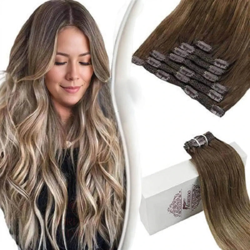 Load image into Gallery viewer, Moresoo Remy Hair Clip In Real Human Hair Extensions Balayage Color (#4/10/16)
