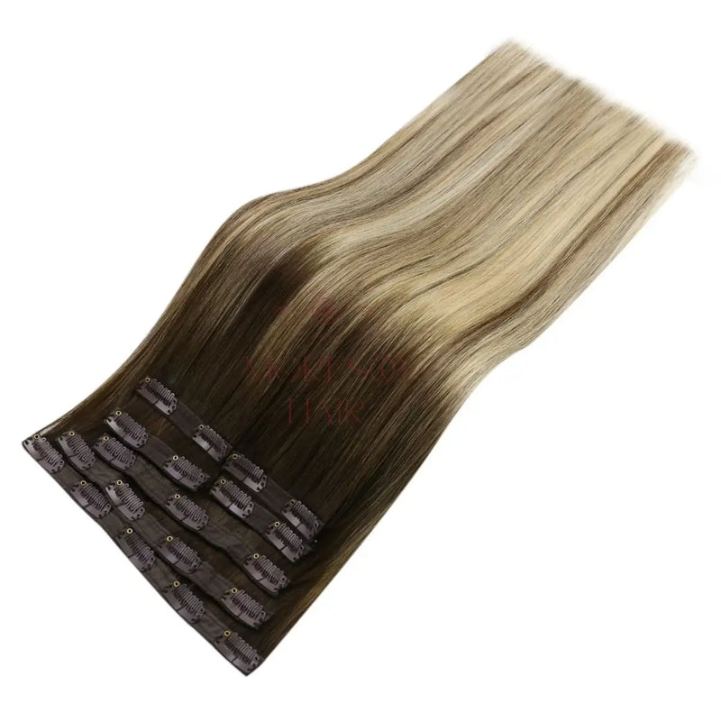 Load image into Gallery viewer, Clip in Virgin Human Hair Extensions High Quality Balayage Brown #4/8/4/22/800
