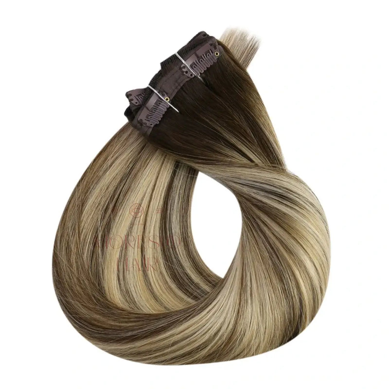 Load image into Gallery viewer, Clip in Virgin Human Hair Extensions High Quality Balayage Brown #4/8/4/22/800
