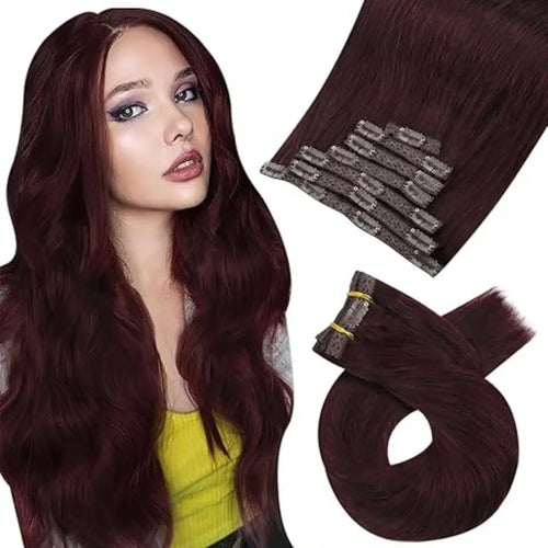 Moresoo Remy Clip In Brazilian Human Hair Extension Dark Red(#99J)