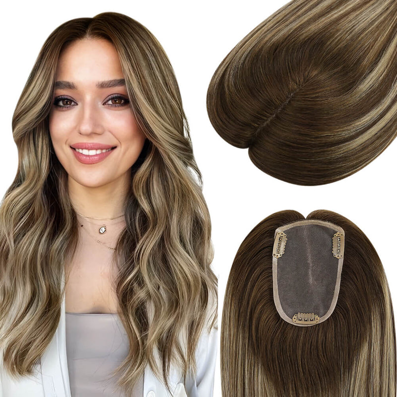 Load image into Gallery viewer, hair topper for women real human hair balayage brown mixed blonde
