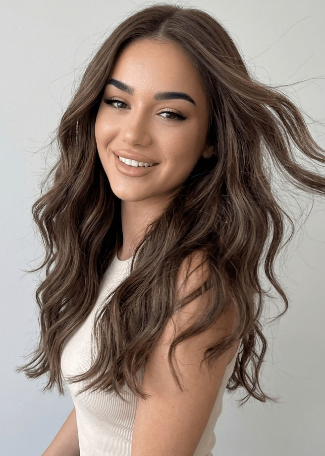 A woman with long, flowing dark brown wavy hair with highlights.