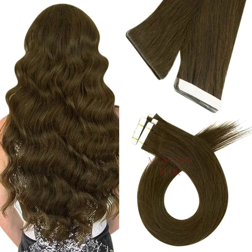 medium brown virgin hair tape in extensions, 14-inch medium brown tape in extensions, seamless tape in extensions, invisible tape in hair extensions, natural medium brown hair, high-quality tape in extensions, medium brown hair extensions, 16-inch brown tape in extensions