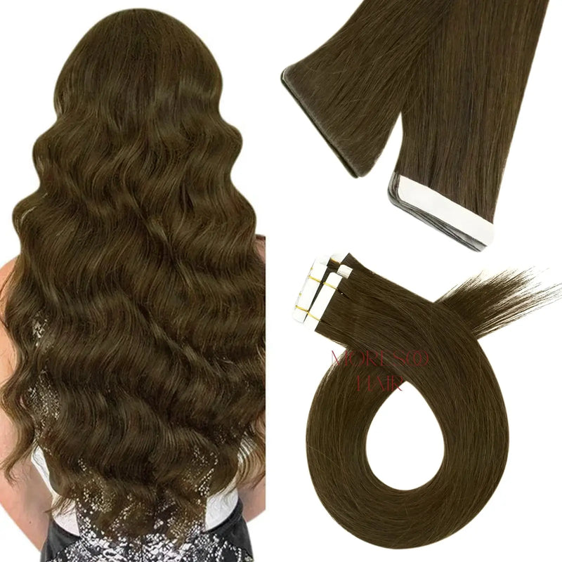 Load image into Gallery viewer, medium brown virgin hair tape in extensions, 14-inch medium brown tape in extensions, seamless tape in extensions, invisible tape in hair extensions, natural medium brown hair, high-quality tape in extensions, medium brown hair extensions, 16-inch brown tape in extensions
