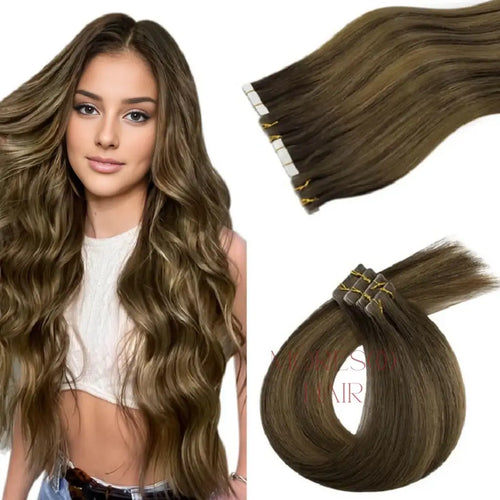 Moresoo medium brown balayage tape in hair extensions, natural balayage hair, seamless brown balayage tape ins, high-quality balayage extensions, invisible brown balayage extensions, medium brown tape in extensions, salon-quality brown balayage, smooth medium brown balayage hair, 16-inch balayage extensions, premium balayage hair, invisible balayage tape ins for brown hair