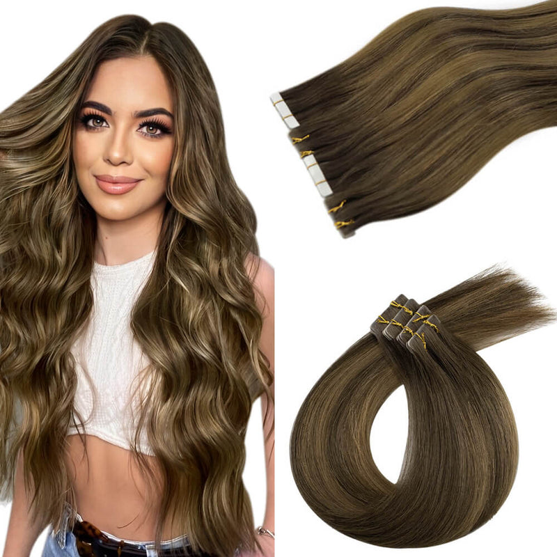 Load image into Gallery viewer, brown hair tape ins virgin injected tape in extensions-balayage on brown hair-brown hair balayage-balayage on dark brown hair-blonde balayage on brown hair-balayage hair brown-brown hair with blonde balayage-subtle balayage dark brown hair
