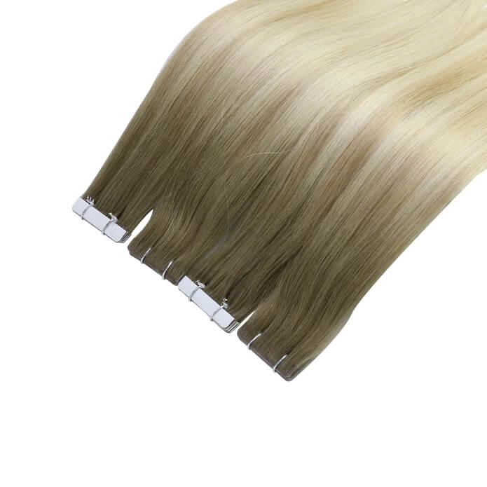 Load image into Gallery viewer, Hair extensions with injection tape-blonde balayage straight hair-platinum blonde balayage-brown and blonde balayage-shoulder length blonde balayage short hair
