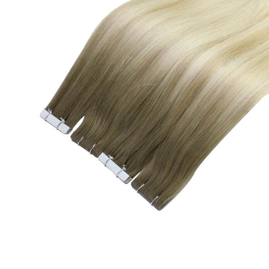 Hair extensions with injection tape-blonde balayage straight hair-platinum blonde balayage-brown and blonde balayage-shoulder length blonde balayage short hair