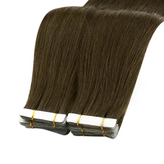 medium brown tape in hair extensions, 20-inch invisible tape in extensions, high-quality brown virgin hair, 24-inch medium brown tape in extensions, seamless medium brown extensions, 14-inch tape in extensions, natural medium brown hair extensions, brown hair extensions invisible tape in