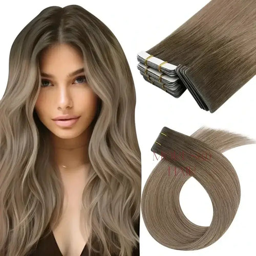 Moresoo dark brown to light brown ombre tape-ins, seamless natural brown blend, high-quality ombre hair extensions, smooth light brown transitions, invisible tape-ins, premium brown ombre hair, long-lasting adhesive extensions, salon-quality dark brown light brown mix, natural-looking hair, luxurious brown ombre highlights