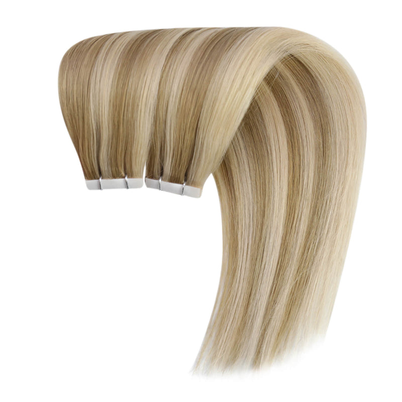 Load image into Gallery viewer, 16-inch blonde highlights hair extensions, high-quality blonde highlights extensions, 18-inch blonde highlights tape in, smooth blonde highlights extensions, 20-inch blonde highlights tape in, blonde hair with pink highlights
