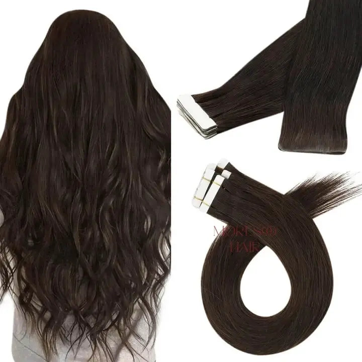 Load image into Gallery viewer, natural brown tape in hair extensions, high-quality deep brown virgin hair, seamless tape in extensions for brown, invisible tape in hair for deep brown hair, tape in extensions for dark brown virgin hair, smooth brown tape in extensions, natural deep brown virgin tape in, brown hair extensions tape in
