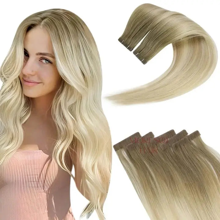 Load image into Gallery viewer, Moresoo light brown to blonde ombre tape ins, easy installation hair extensions, secure adhesive ombre extensions, high-quality ombre highlights, seamless ombre extensions, natural light brown blonde ombre, premium ombre hair, long-lasting adhesive extensions, salon-quality ombre hair, smooth ombre balayage
