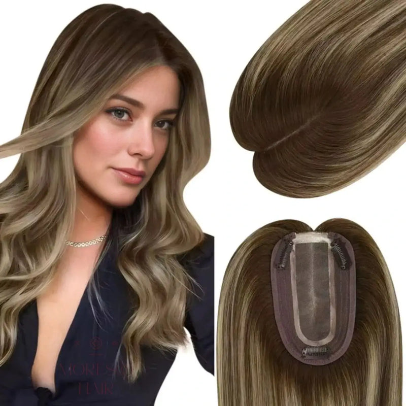 Load image into Gallery viewer, Virgin Hair Topper Medium Base Balayage Brown Mixed Blonde #4/27/4
