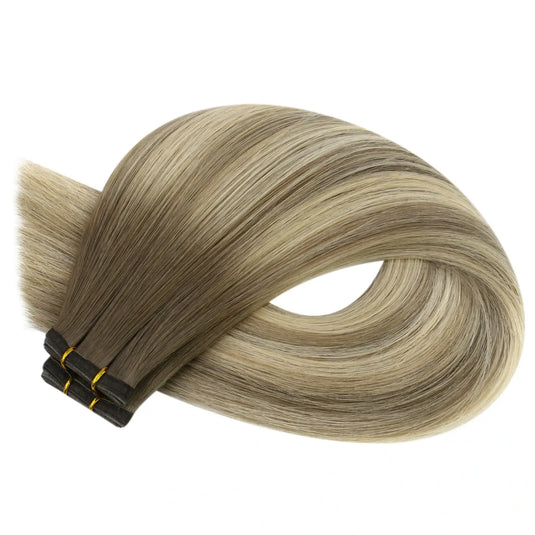 Moresoo Hair Weft Virgin Sew In Flat Weft Human Hair Extensions Balayage Blonde (