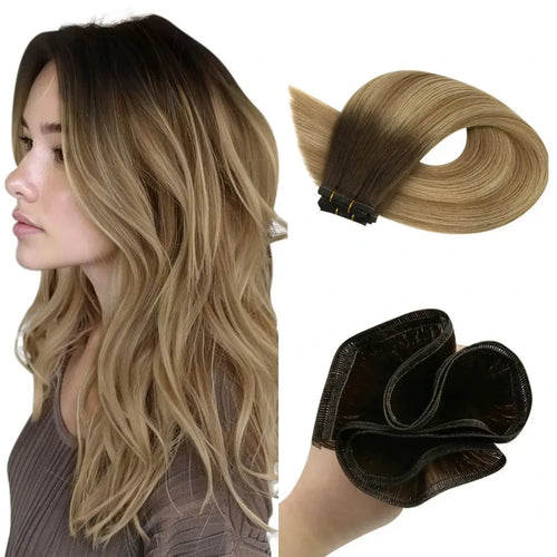 Moresoo Virgin Human Hair Silk Seam Volumizing Weft  Hair Extensions Balayage Brown (#3/8/22)