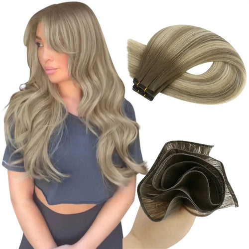 Moresoo Hair Weft Virgin Sew In Flat Weft Human Hair Extensions Balayage Blonde (#8/8/613)