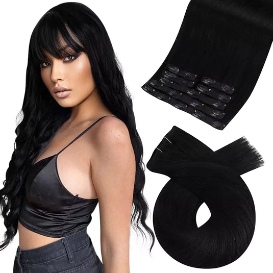 virgin clip in double weft human hair extensions jet black