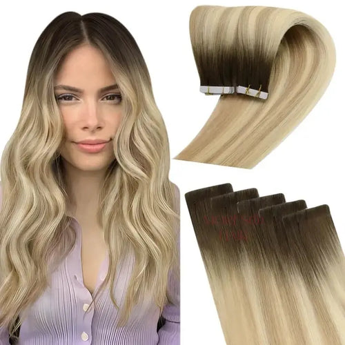 Moresoo deep brown to blonde ombre tape in extensions, high-quality ombre hair, seamless ombre tape ins, 16-inch deep brown blonde ombre hair, luxurious ombre balayage extensions, natural brown to blonde ombre hair, invisible ombre tape ins, premium ombre hair extensions, salon-quality ombre extensions, deep brown to light blonde ombre