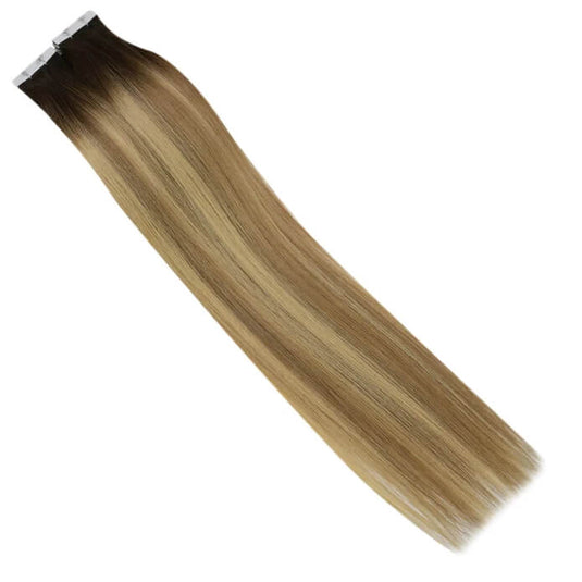 Reusable Tape Hair Extensions-subtle balayage dark brown hair-caramel balayage on brown hair-brown hair balayage vs highlights-blonde balayage on dark brown hair