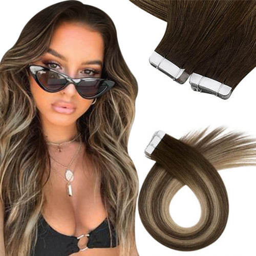 injection tape in extension virgin human hair-balayage on brown hair-brown hair balayage-balayage on dark brown hair-blonde balayage on brown hair