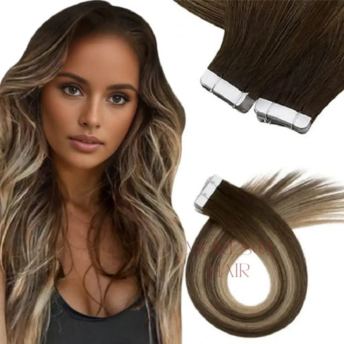 Moresoo medium brown balayage tape in extensions, high-quality medium brown balayage hair, invisible balayage tape in with medium brown shades, luxurious medium brown balayage hair by Moresoo, smooth medium brown balayage extensions, 14-inch medium brown balayage tape in