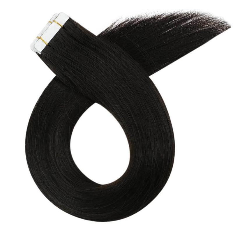 Load image into Gallery viewer, invisible jet black tape in extensions, high-quality jet black hair extensions, 18-inch jet black tape in hair, 20-inch jet black tape in extensions, salon-quality jet black tape in, smooth jet black hair extensions, durable jet black tape in extensions, premium quality jet black hair
