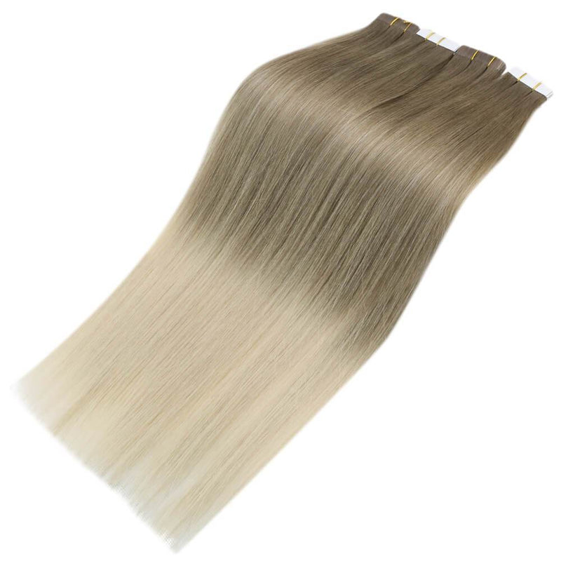 Load image into Gallery viewer, 40 piece tape in hair extensions-straight hair brown to blonde balayage-caramel honey blonde balayage-ashy blonde balayage-blonde balayage straight hair-platinum blonde balayage
