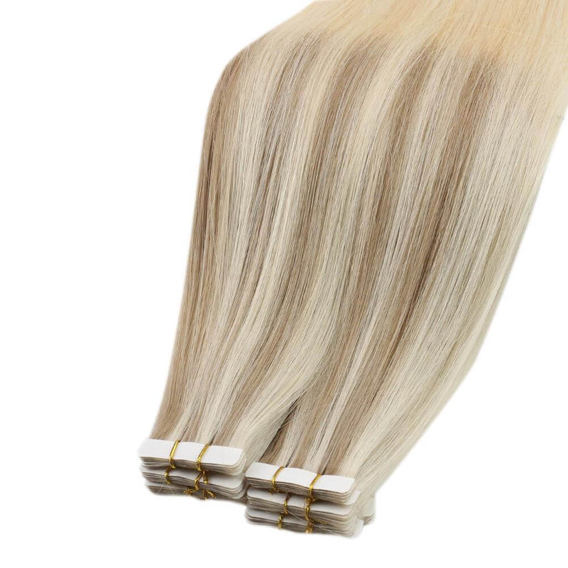 Load image into Gallery viewer, 22-inch ombre blonde tape in, invisible ombre blonde tape in extensions, 16-inch ombre blonde extensions with pink hues, smooth ombre blonde hair tape in, 14-inch ombre blonde and pink tape in extensions, 18-inch ombre blonde extensions, 24-inch ombre blonde tape in hair
